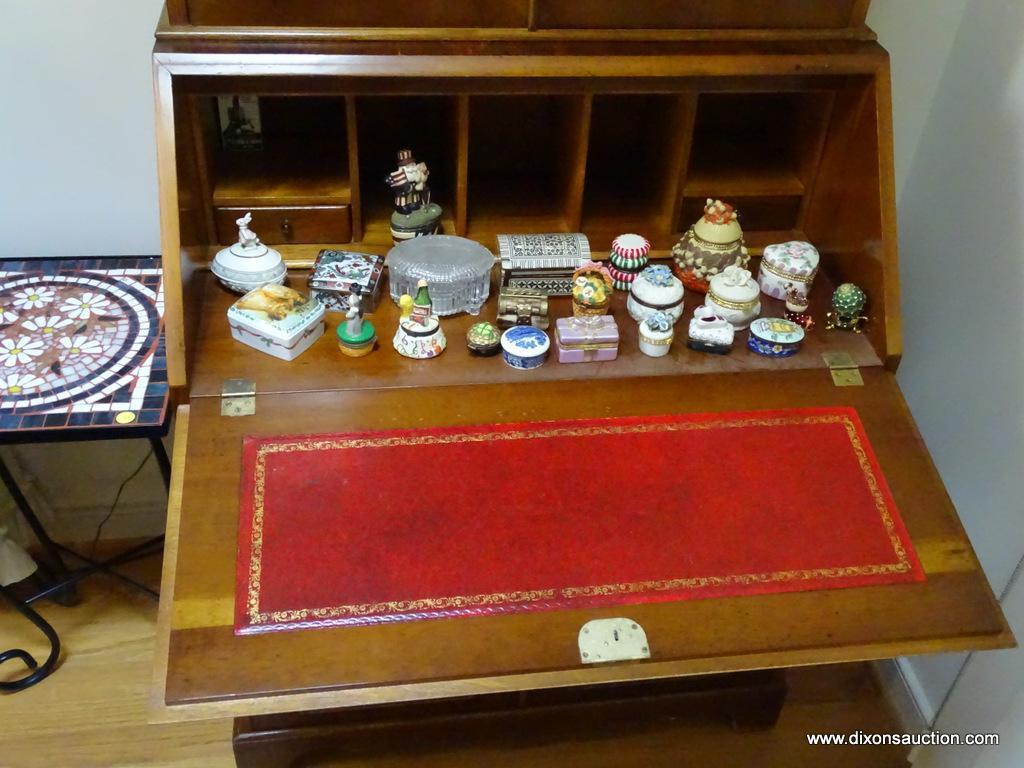 (LR)VINTAGE SECRETARY; VINTAGE CHERRY AND BURLED WALNUT SECRETARY WITH BOOKCASE DENTIL MOLDING TOP-