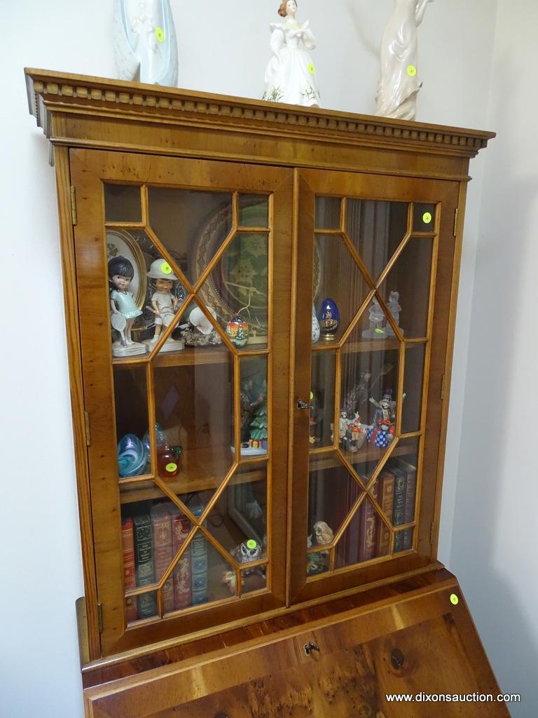 (LR)VINTAGE SECRETARY; VINTAGE CHERRY AND BURLED WALNUT SECRETARY WITH BOOKCASE DENTIL MOLDING TOP-