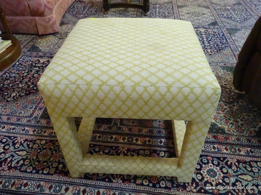 (LR) OTTOMAN; UPHOLSTERED 4 LEG OTTOMAN IN CREAM AND GOLD- 18 IN X 18 IN X 18 IN