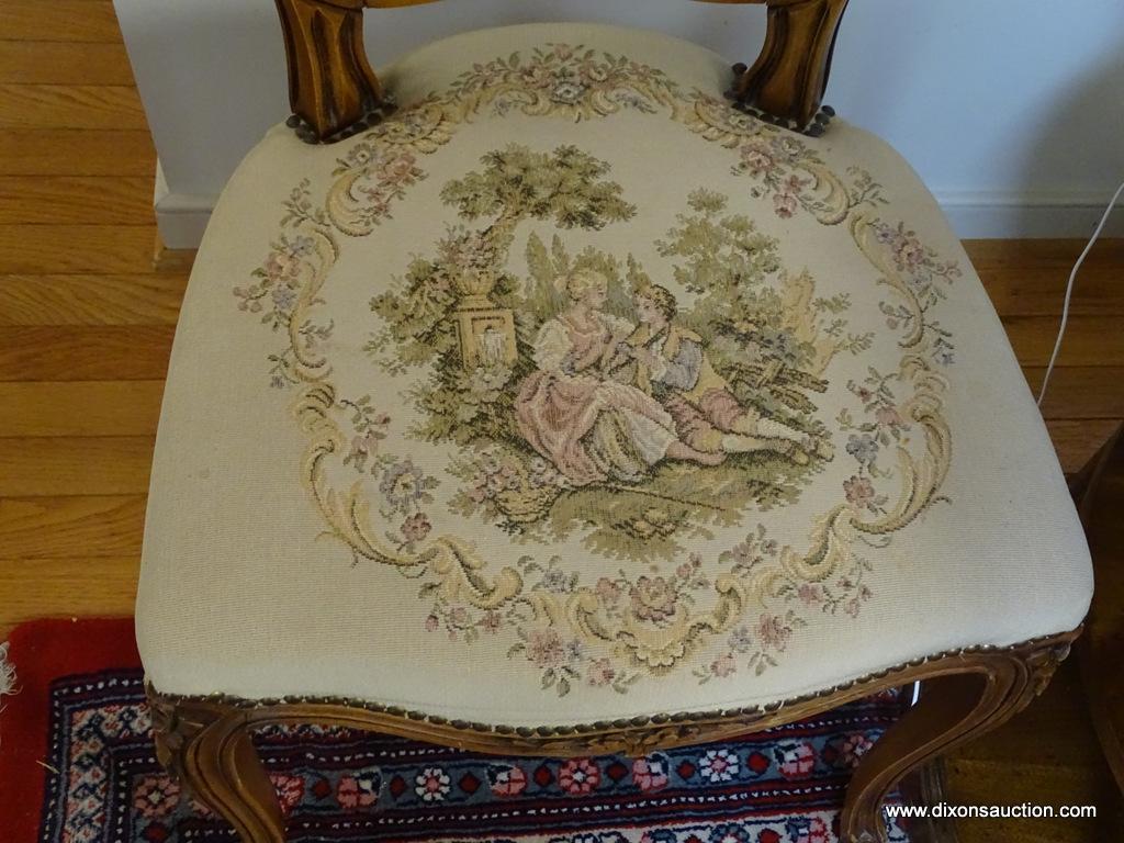 (LR) FRENCH CHAIR; FRENCH WALNUT CARVED SIDE CHAIR WITH TAPESTRY UPHOLSTERY- FLORAL CARVED