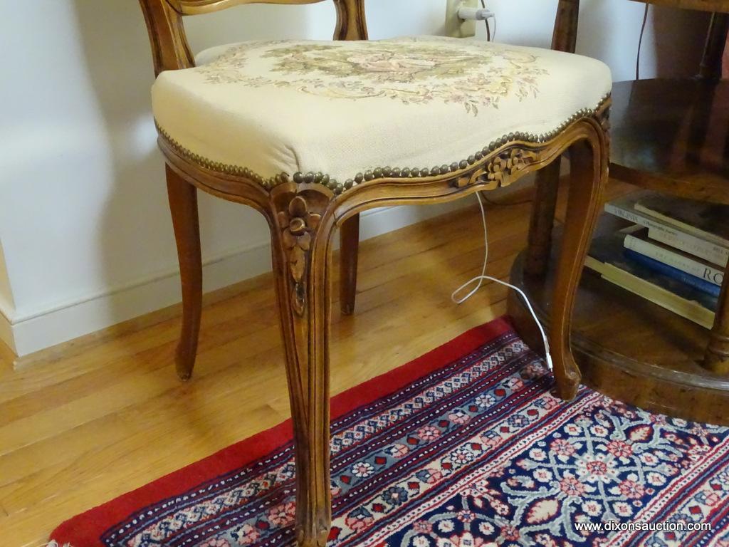 (LR) FRENCH CHAIR; FRENCH WALNUT CARVED SIDE CHAIR WITH TAPESTRY UPHOLSTERY- FLORAL CARVED