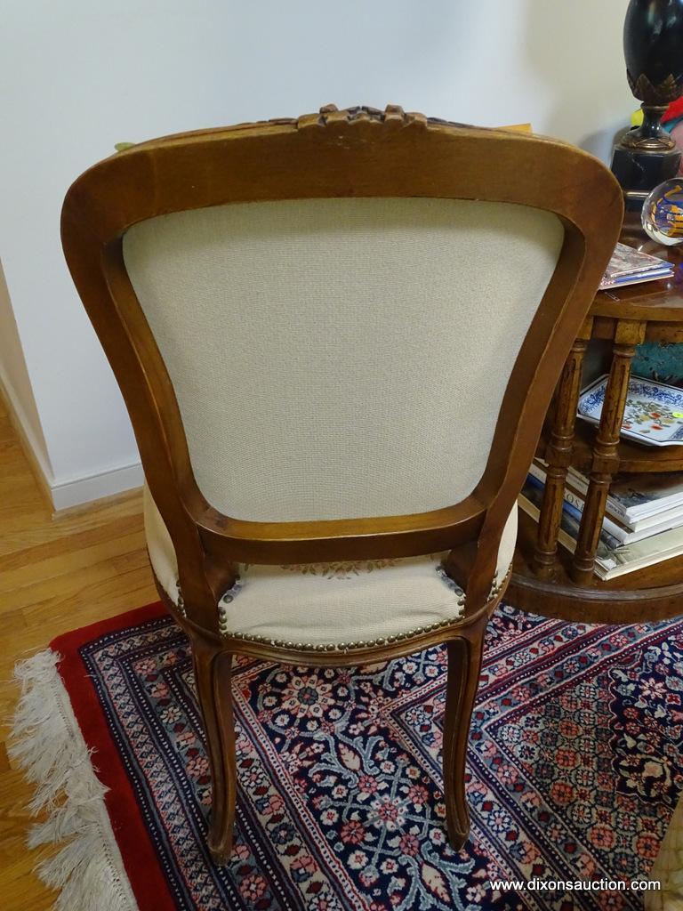 (LR) FRENCH CHAIR; FRENCH WALNUT CARVED SIDE CHAIR WITH TAPESTRY UPHOLSTERY- FLORAL CARVED