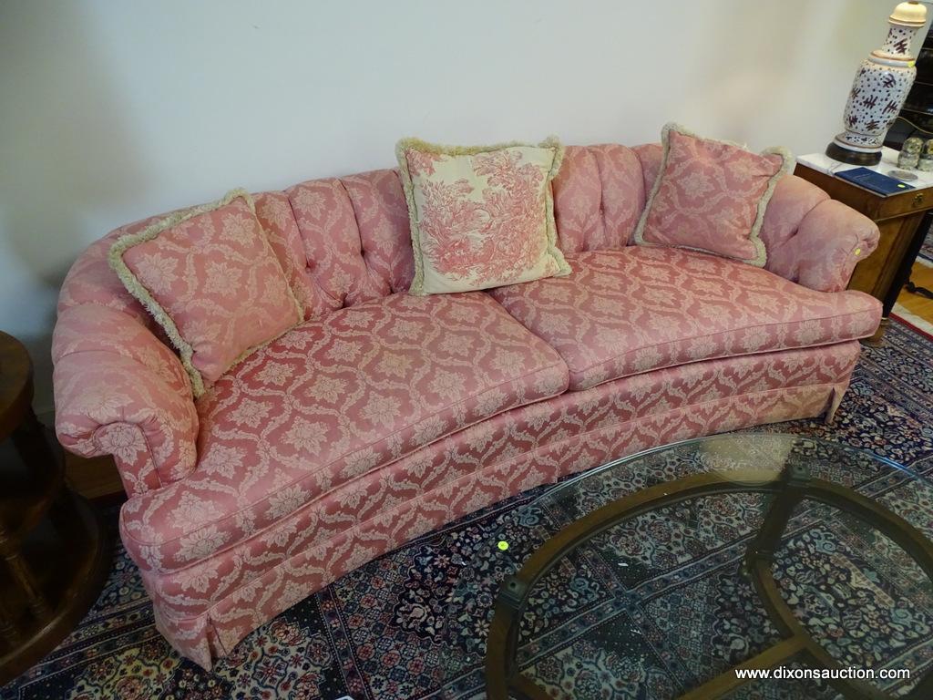 (LR) SOFA; PINK AND FLORAL DAMASK UPHOLSTERED SOFA INCLUDING PILLOWS- VERY GOOD CONDITION- 1 MINOR