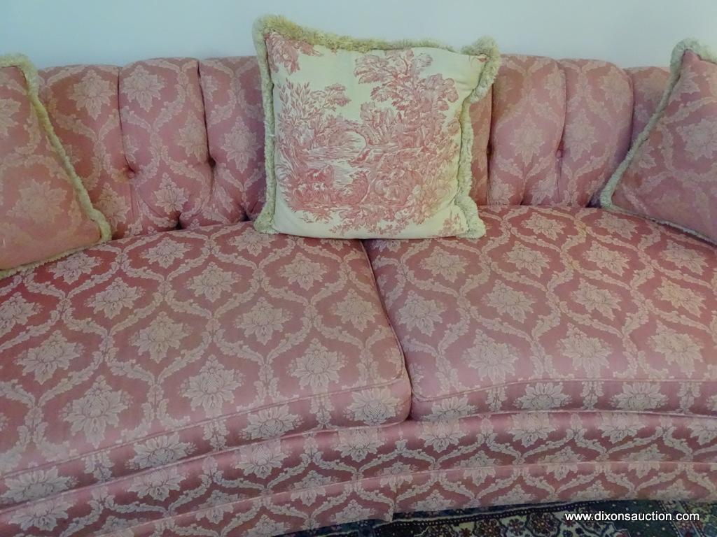 (LR) SOFA; PINK AND FLORAL DAMASK UPHOLSTERED SOFA INCLUDING PILLOWS- VERY GOOD CONDITION- 1 MINOR