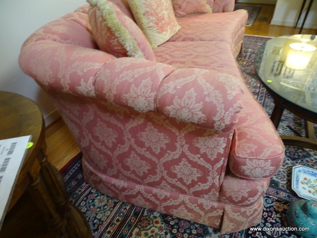 (LR) SOFA; PINK AND FLORAL DAMASK UPHOLSTERED SOFA INCLUDING PILLOWS- VERY GOOD CONDITION- 1 MINOR