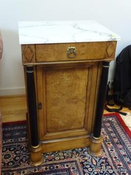 (LR) FRENCH EMPIRE COMMODE; WALNUT AND BIRDSEYE MAPLE FRENCH EMPIRE STYLE MARBLE TOP