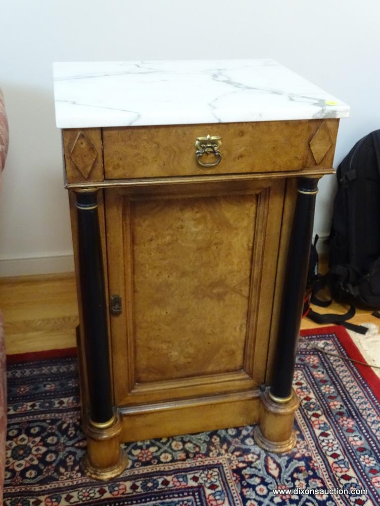 (LR) FRENCH EMPIRE COMMODE; WALNUT AND BIRDSEYE MAPLE FRENCH EMPIRE STYLE MARBLE TOP