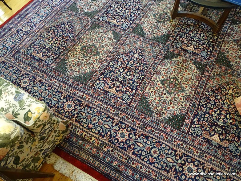 (LR) ORIENTAL RUG; HAND WOVEN KASHAN ORIENTAL RUG IN RED, GREEN AND IVORY GEOMETRIC PATTERNED