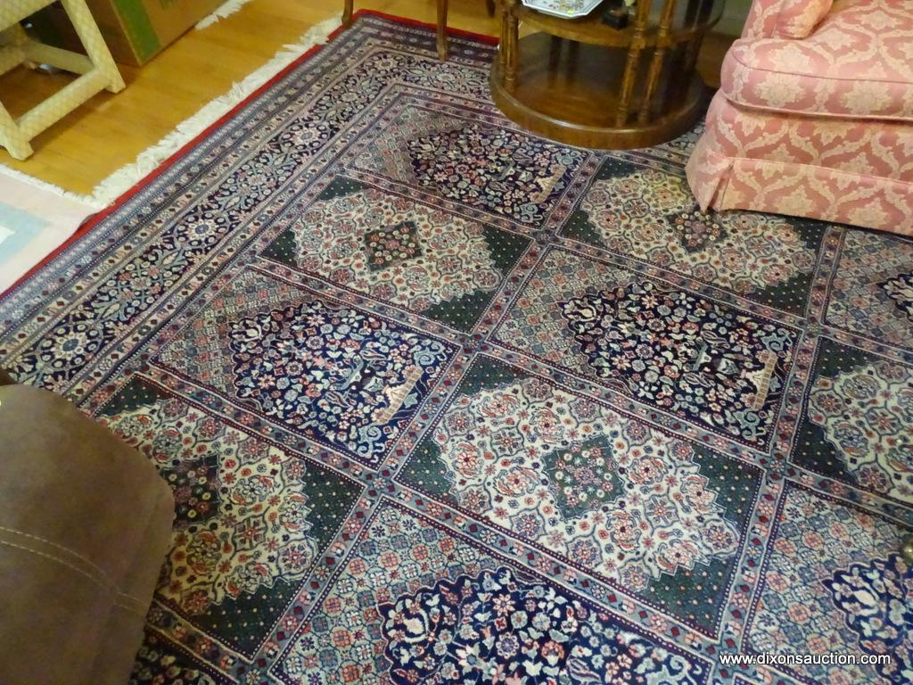(LR) ORIENTAL RUG; HAND WOVEN KASHAN ORIENTAL RUG IN RED, GREEN AND IVORY GEOMETRIC PATTERNED