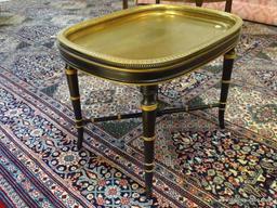 (LR) COFFEE TABLE; BLACK LACQUERED BAMBOO STYLE COFFEE TABLE WITH ENGRAVED BRASS TRAY TOP AND