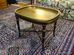 (LR) COFFEE TABLE; BLACK LACQUERED BAMBOO STYLE COFFEE TABLE WITH ENGRAVED BRASS TRAY TOP AND