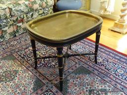 (LR) COFFEE TABLE; BLACK LACQUERED BAMBOO STYLE COFFEE TABLE WITH ENGRAVED BRASS TRAY TOP AND