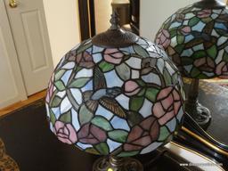 (FOYER) TIFFANY STYLE LAMP; TIFFANY STYLE LAMP WITH BRONZE BASE STAINED GLASS WITH HUMMINGBIRDS- 19