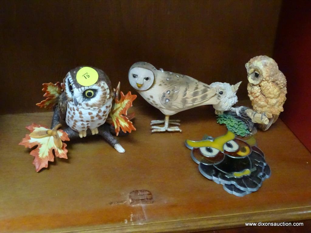 (LR) OWL FIGURINES; LENOX PORCELAIN OWL- 4 IN H AND WOOD CARVED AND PAINTED OWL, HAMILTON COLLECTION