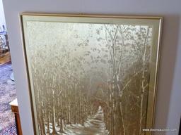 (FOYER) PICTURE: GOLD FOILED ART OF LANDSCAPE IN GOLD FRAME- 24 IN X 30 IN