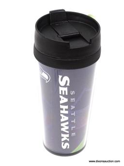 SEATTLE SEAHAWKS TRAVEL CUP; SEATTLE SEAHAWKS BLACK PLASTIC HOT OR COLD TRAVEL CUP. BRAND NEW.