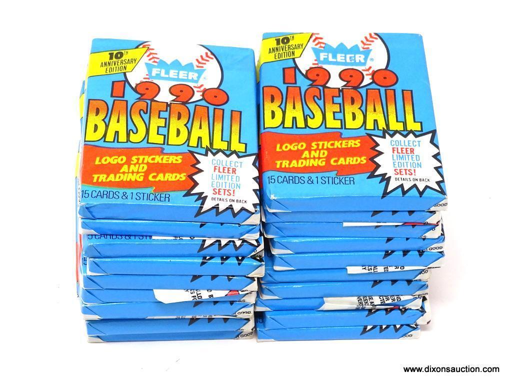 LOT OF UNOPENED FLEER BASEBALL WAX PACKS; 20 PIECE LOT OF FLEER 1990 BASEBALL TRADING CARDS AND