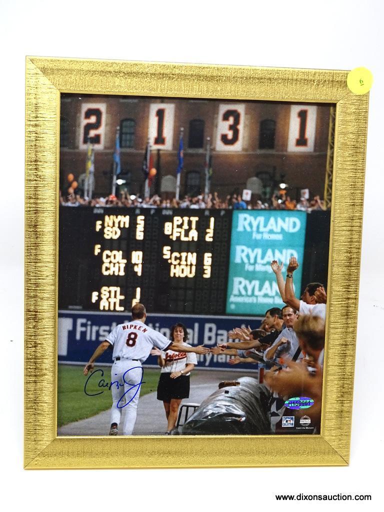 CAL RIPKEN AUTOGRAPHED FRAME; CAL RIPKEN AUTOGRAPHED FRAMED PHOTO; COMES IN GOLD TONED FRAME WITH