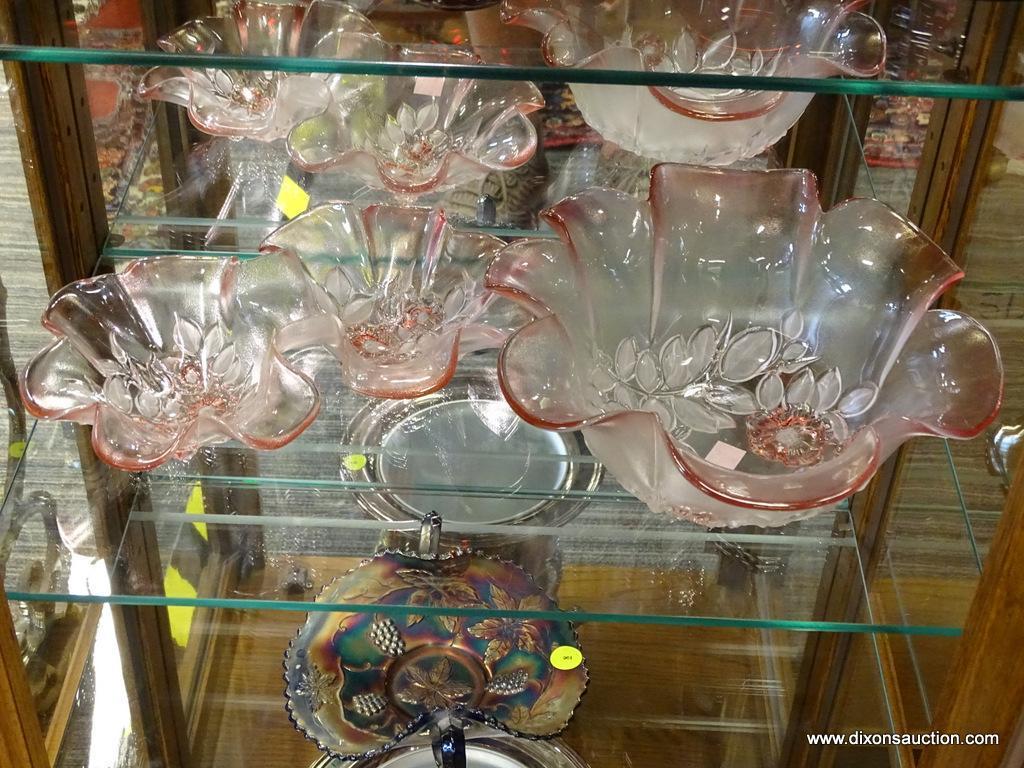 LOT OF PINK FLORAL GLASSWARE; 2 PIECE LOT OF FLORAL CUT TO THE CLEAR PINK STAINED GLASS DISHES TO