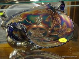 IRIDESCENT KEY BOWL; DECORATIVE IRIDESCENT GLASS KEY BOWL WITH FLORAL DESIGNS, LEAFED EDGES, AND 2