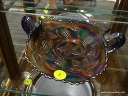 IRIDESCENT KEY BOWL; DECORATIVE IRIDESCENT GLASS KEY BOWL WITH FLORAL DESIGNS, LEAFED EDGES, AND 2