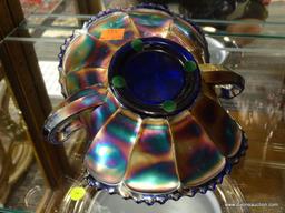 IRIDESCENT KEY BOWL; DECORATIVE IRIDESCENT GLASS KEY BOWL WITH FLORAL DESIGNS, LEAFED EDGES, AND 2