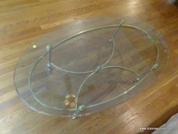 (LR) COFFEE TABLE; BRASS AND BEVELED GLASS TOP COFFEE TABLE- 49 IN X 28 IN X 17 IN