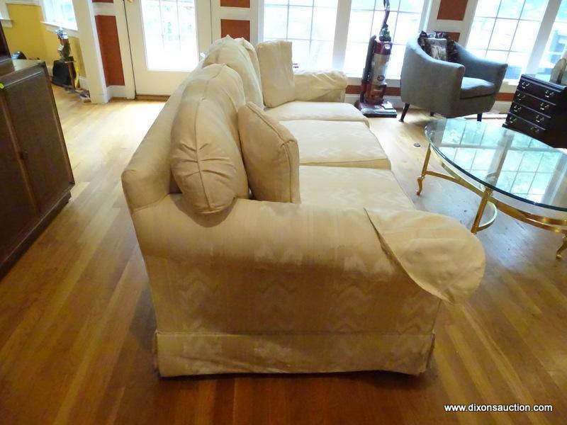 (LR) SOFA; HICKORY CRAFT WHITE FLAME STITCHED UPHOLSTERED SOFA, MINOR STAIN ON TOP CUSHION, BUT