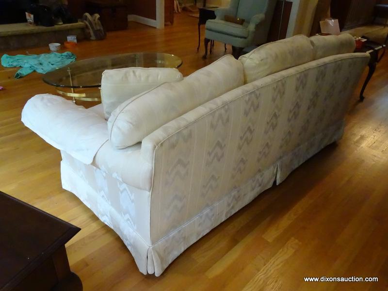 (LR) SOFA; HICKORY CRAFT WHITE FLAME STITCHED UPHOLSTERED SOFA, MINOR STAIN ON TOP CUSHION, BUT