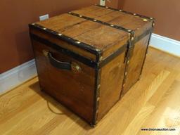 (LR) ANTIQUE TRUNK, ANTIQUE PINE BUSTLE TRUNK WITH METAL STRAPS AND BRASS STUDS, REFINISHED AND