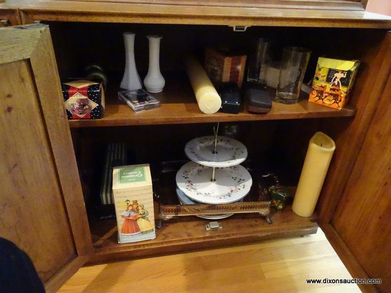 (LR) CABINET CONTENTS; CONTENT INCLUDES CANDLES IN BOXES, BRASS AND 2 MILK GLASS VASES, 2 ETCHED