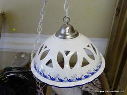 (GARAGE) HANGING LIGHT FIXTURE- BLUE AND WHITE PORCELAIN HANGING LIGHT FIXTURE WITH CHAIN-17 IN DIA.