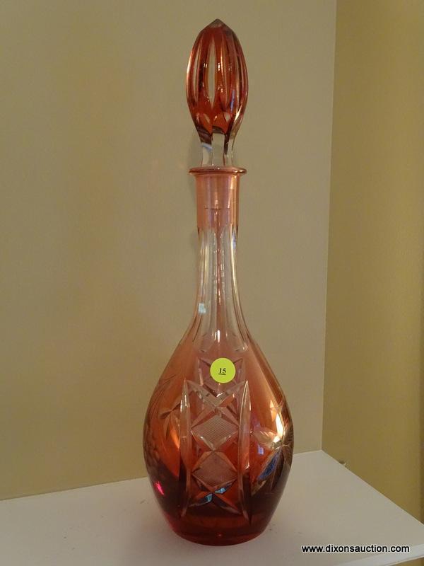 (LR) DECANTER; BOHEMIAN RUBY CUT TO THE CLEAR DECANTER- 16 IN H