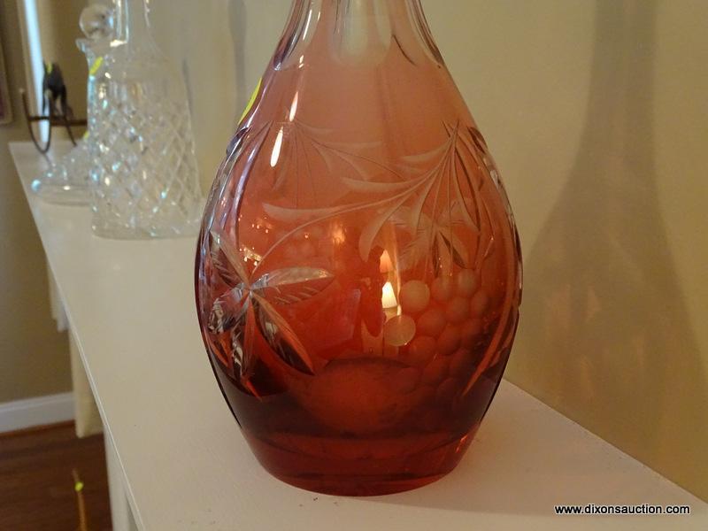 (LR) DECANTER; BOHEMIAN RUBY CUT TO THE CLEAR DECANTER- 16 IN H