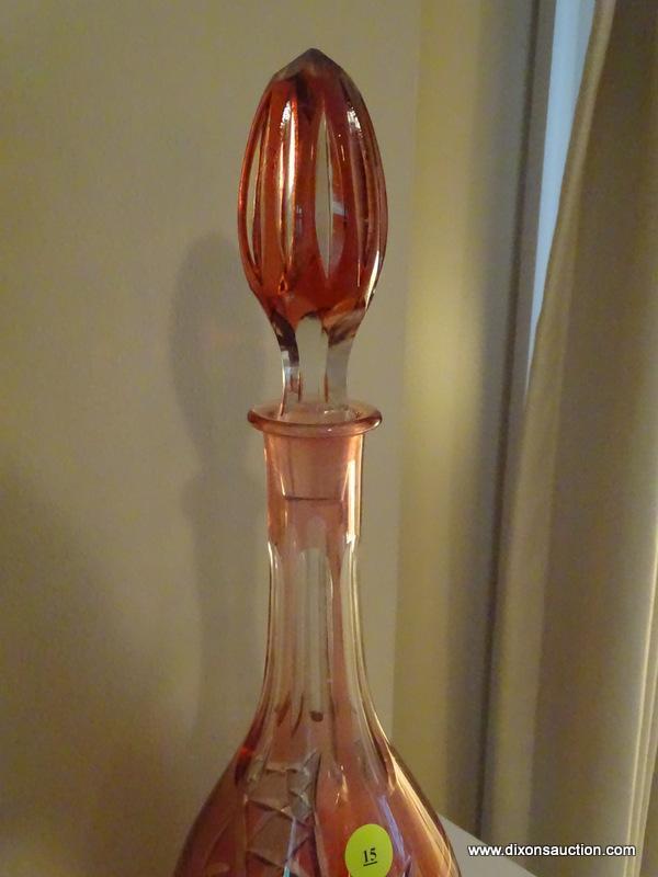 (LR) DECANTER; BOHEMIAN RUBY CUT TO THE CLEAR DECANTER- 16 IN H