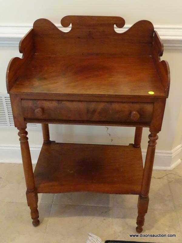 (FOYER) ANTIQUE WASHSTAND; ANTIQUE SHERATON WASHSTAND WITH GALLERY BACK, 1 DRAWER WITH BURL INLAY