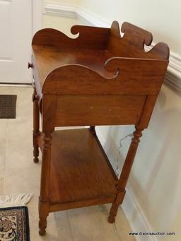 (FOYER) ANTIQUE WASHSTAND; ANTIQUE SHERATON WASHSTAND WITH GALLERY BACK, 1 DRAWER WITH BURL INLAY