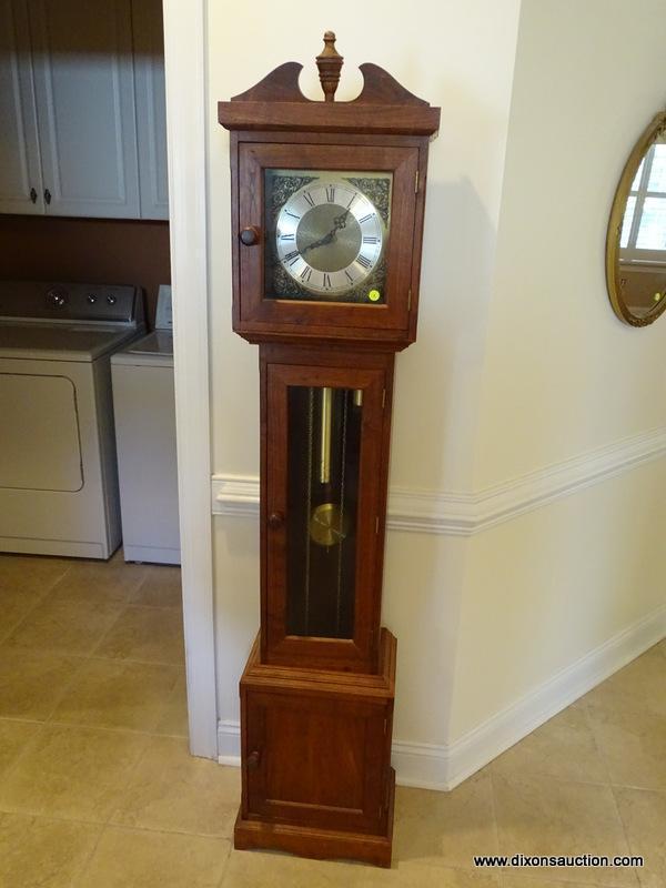 (FOYER) GRANDMOTHER CLOCK; WALNUT GRANDMOTHER CLOCK, BENCHMADE CASE, BRASS WORKS MADE IN WEST