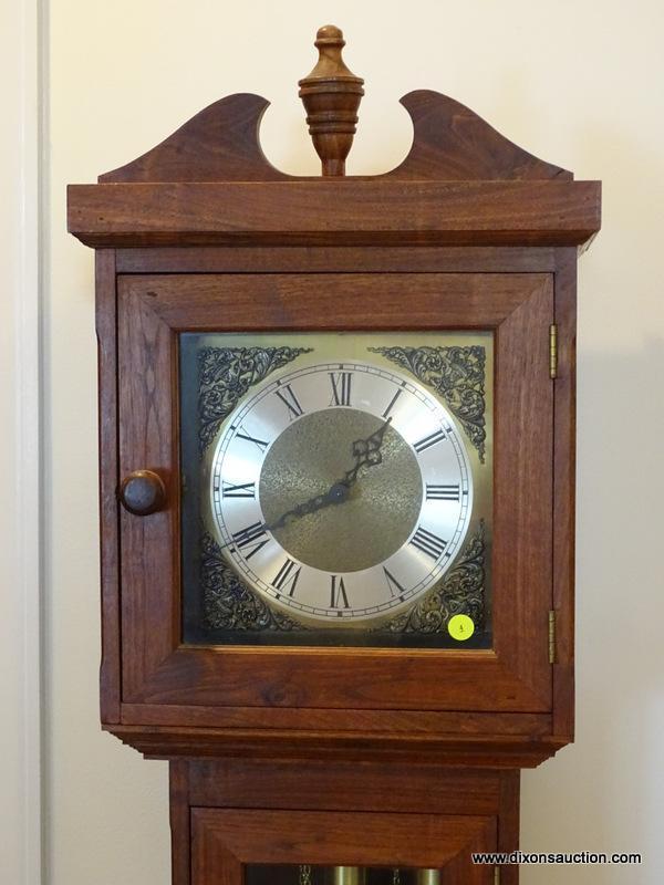 (FOYER) GRANDMOTHER CLOCK; WALNUT GRANDMOTHER CLOCK, BENCHMADE CASE, BRASS WORKS MADE IN WEST