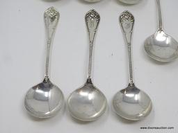 (7) STERLING EMBOSSED & MONOGRAMMED CREAM SOUP SPOONS; MARKED 925/1000. MEASURES 6-3/4" LONG. WEIGHS