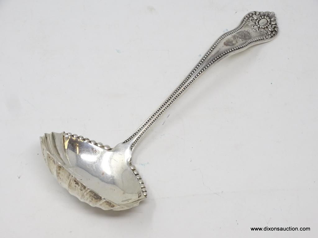 DANIEL LOW & CO. STERLING EMBOSSED & MONOGRAMMED GRAVY LADLE; MEASURES 7-1/4" LONG. WEIGHS APPROX.