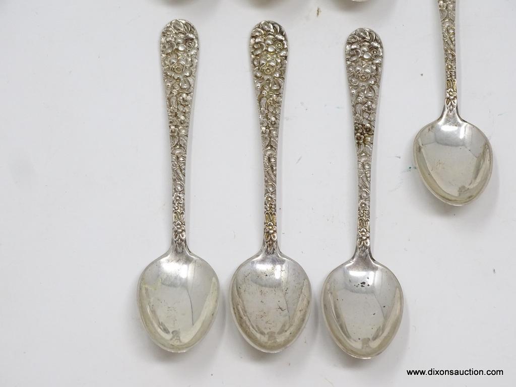 (7) STIEFF STERLING REPOUSSE SUGAR SPOONS; MEASURES APPROX. 4" LONG. WEIGHS APPROX. 3.19 TROY OZ.