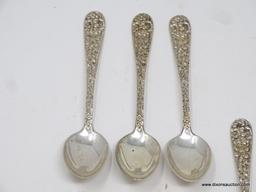 (7) STIEFF STERLING REPOUSSE SUGAR SPOONS; MEASURES APPROX. 4" LONG. WEIGHS APPROX. 3.19 TROY OZ.