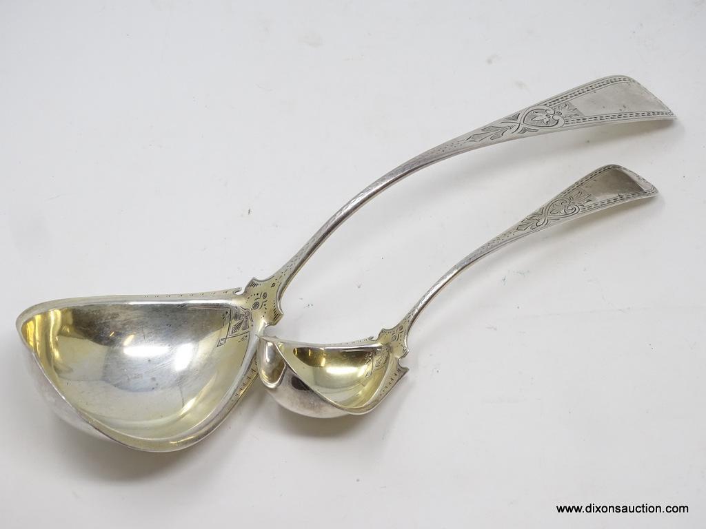 (2) BAILEY & CO. SILVER LADLES; (1) LARGE 13" & (1) SMALL 8-1/2". THEY ARE BOTH DOUBLE LION