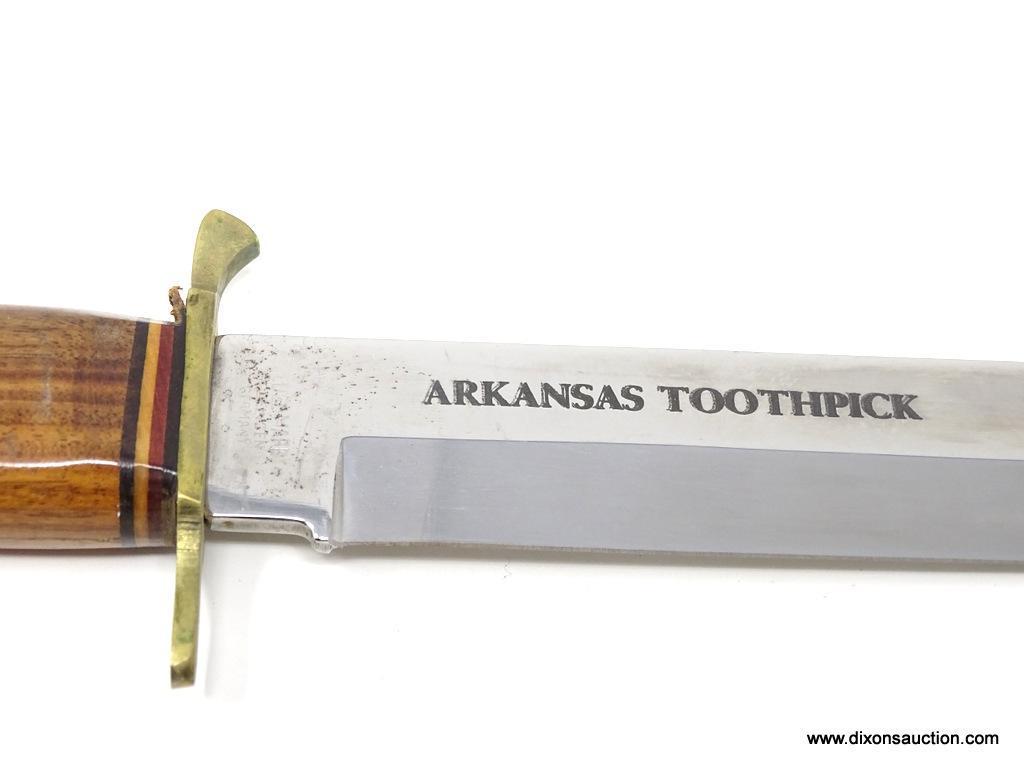 ARKANSAS TOOTHPICK KNIFE; ARKANSAS TOOTHPICK #432 KNIFE WITH WOODEN HANDLE AND LEATHER SHEATH.