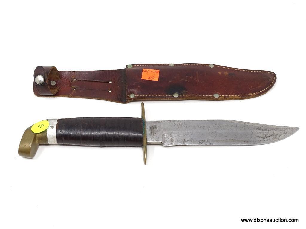 ORIGINAL BOWIE KNIFE; ORIGINAL BOWIE KNIFE FROM SOLINGEN GERMANY IN LOCKING LEATHER SHEATH. MEASURES