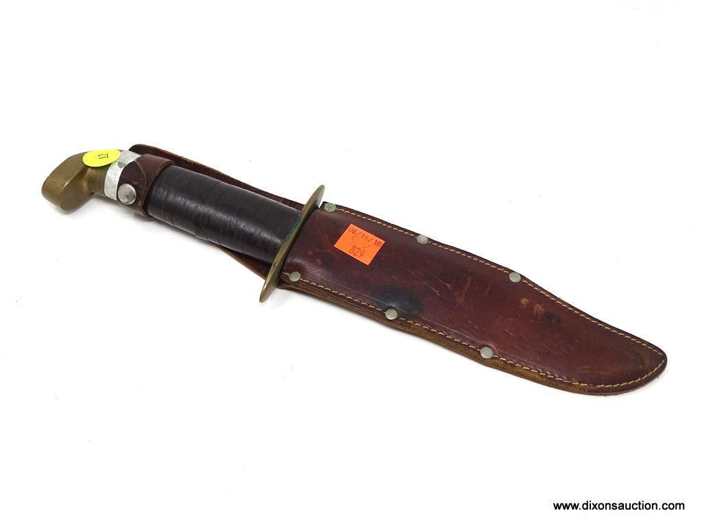 ORIGINAL BOWIE KNIFE; ORIGINAL BOWIE KNIFE FROM SOLINGEN GERMANY IN LOCKING LEATHER SHEATH. MEASURES