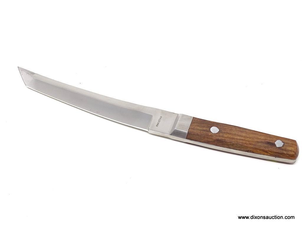 LARGE POCKET KNIFE; LARGE PAKISTAN POCKET KNIFE IN A BLACK LEATHER SHEATH. MEASURES 12 IN.
