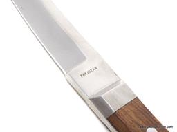 LARGE POCKET KNIFE; LARGE PAKISTAN POCKET KNIFE IN A BLACK LEATHER SHEATH. MEASURES 12 IN.