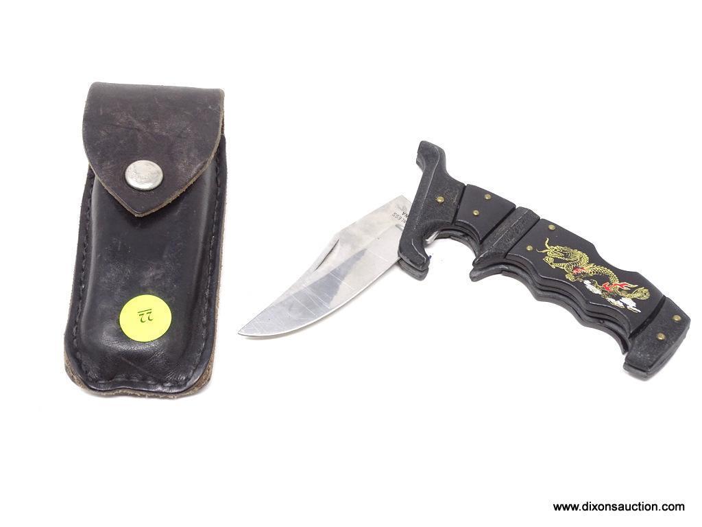 TRAILING POINT POCKET KNIFE; TRAILING POINT STAINLESS CHINA POCKET KNIFE WITH A GOLD TONE DRAGON